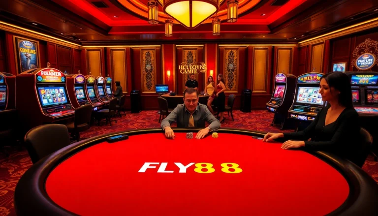 FLY88 casino players enjoying a strategic game, with vibrant slot machines and elegant decor.