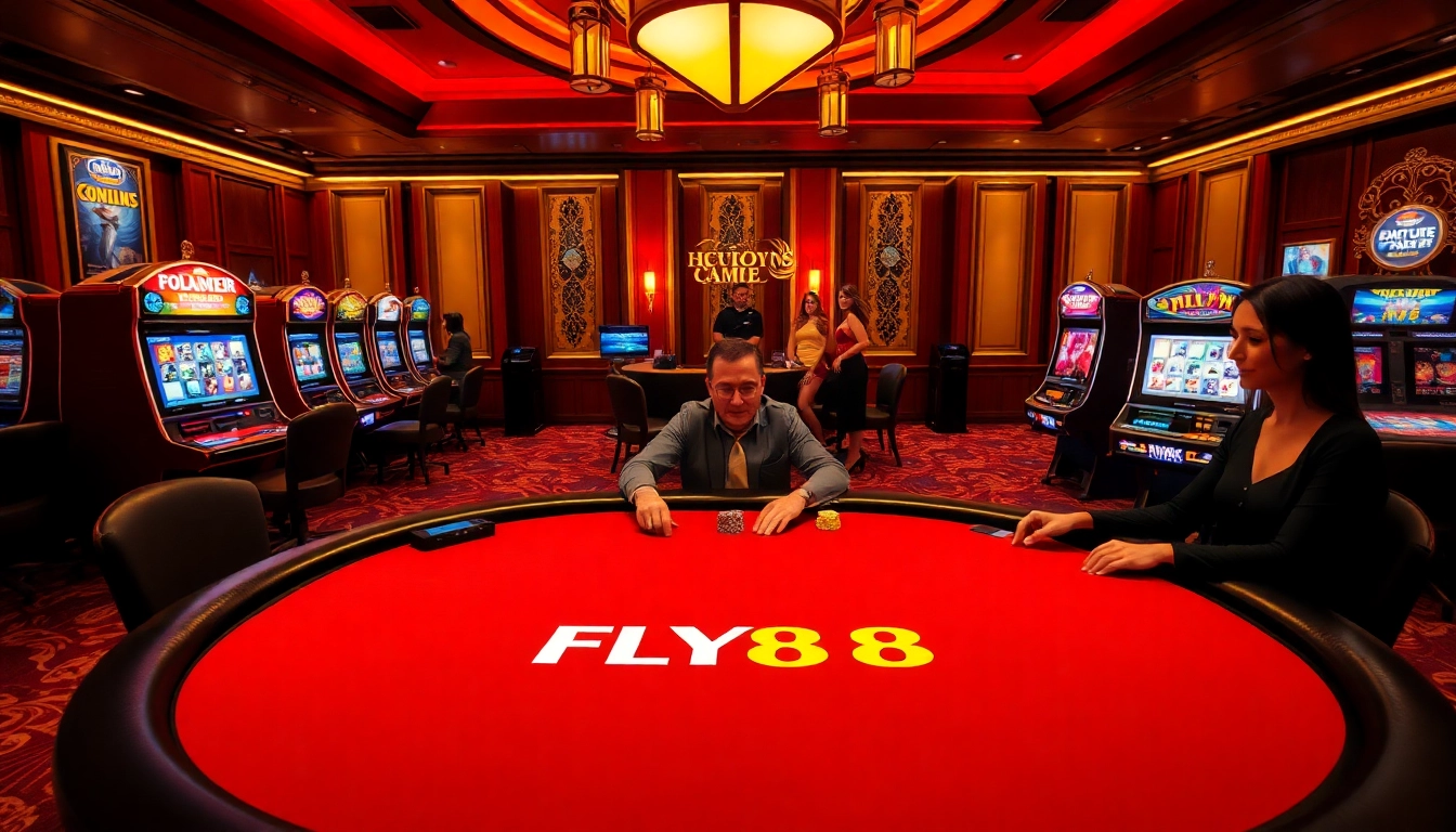 FLY88 casino players enjoying a strategic game, with vibrant slot machines and elegant decor.