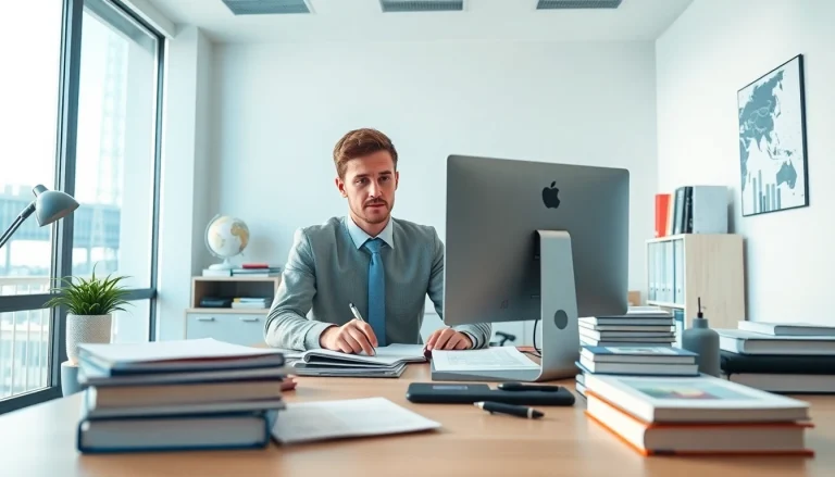 Une scène de bureau professionnelle avec un traducteur agréé travaillant sur des traductions, entouré de documents et de deux écrans.