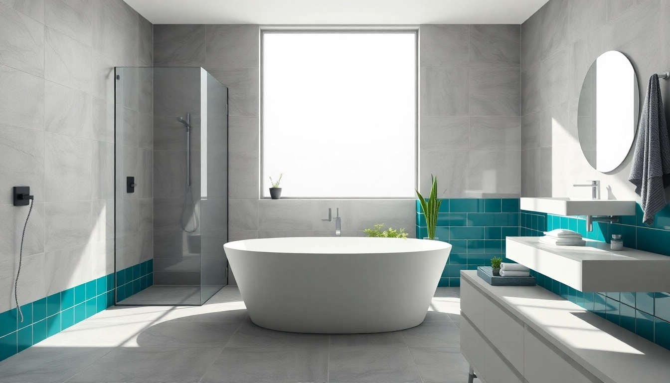 Carrelage de salle de bains présentant des carreaux en porcelaine modernes et des accents vibrants dans une salle de bains contemporaine et épurée.