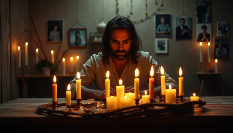 Illustration de la communication avec les défunts, mettant en avant un médium concentré et une ambiance mystique.