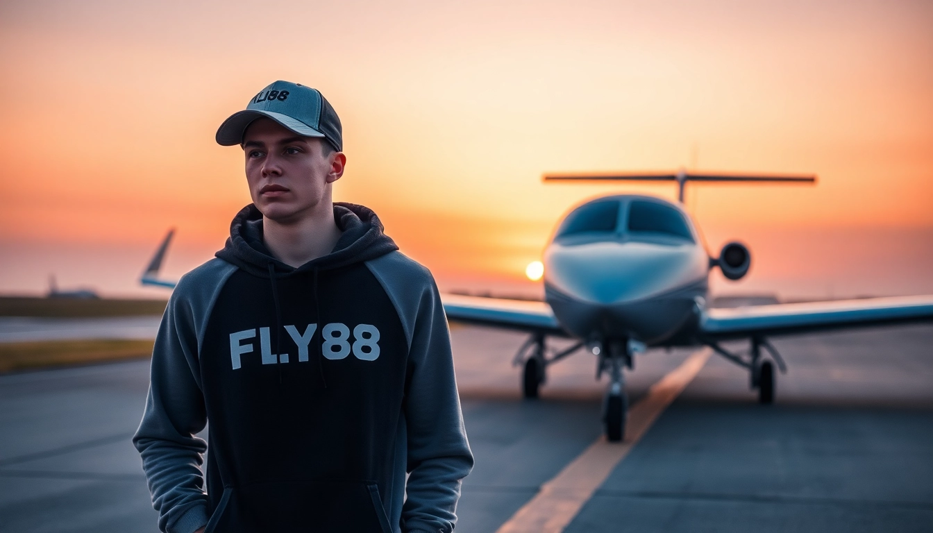 FLY88 aviation-inspired apparel showcased against a sunset runway scene, highlighting adventure and freedom.