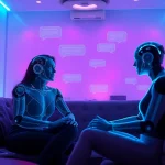 Engaging AI sex chat interface showcasing holographic characters in a vibrant, intimate atmosphere.