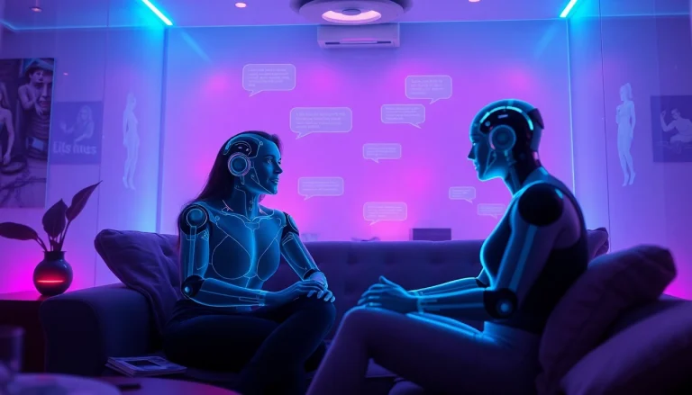 Engaging AI sex chat interface showcasing holographic characters in a vibrant, intimate atmosphere.