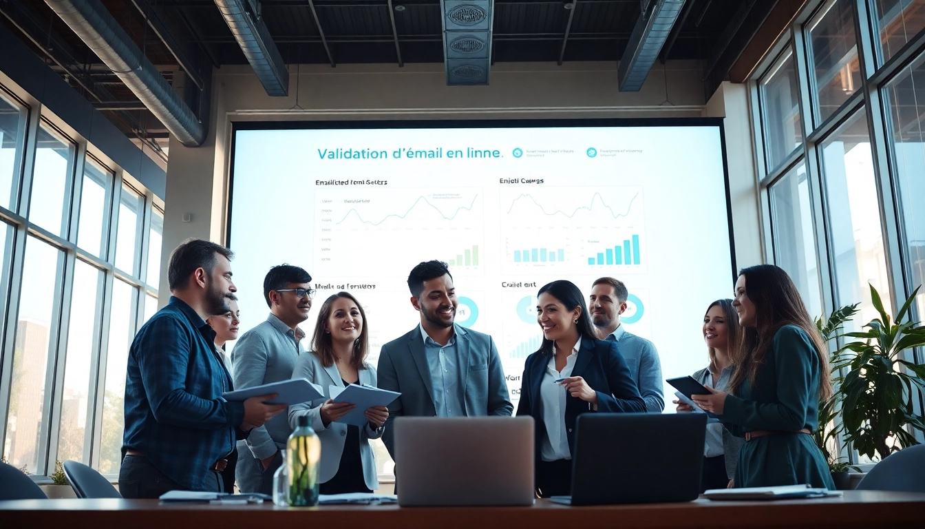 Équipe de professionnels analysant les métriques pour la validation d'e-mails en ligne dans un bureau moderne.