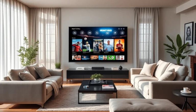 Discover Iron TV Pro's vibrant interface on a modern TV in a cozy living room setting.