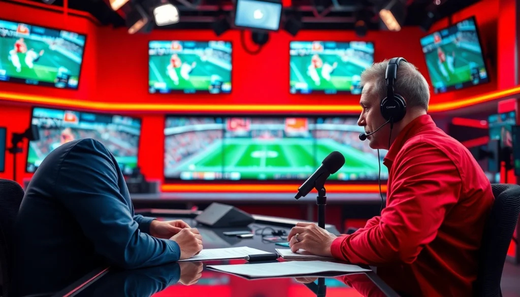 Engaged sports broadcasting commentator delivering insights in a vibrant newsroom.