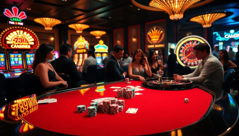 Engaging players at a vibrant casino table enjoy winning with 789 win poker chips and cards.
