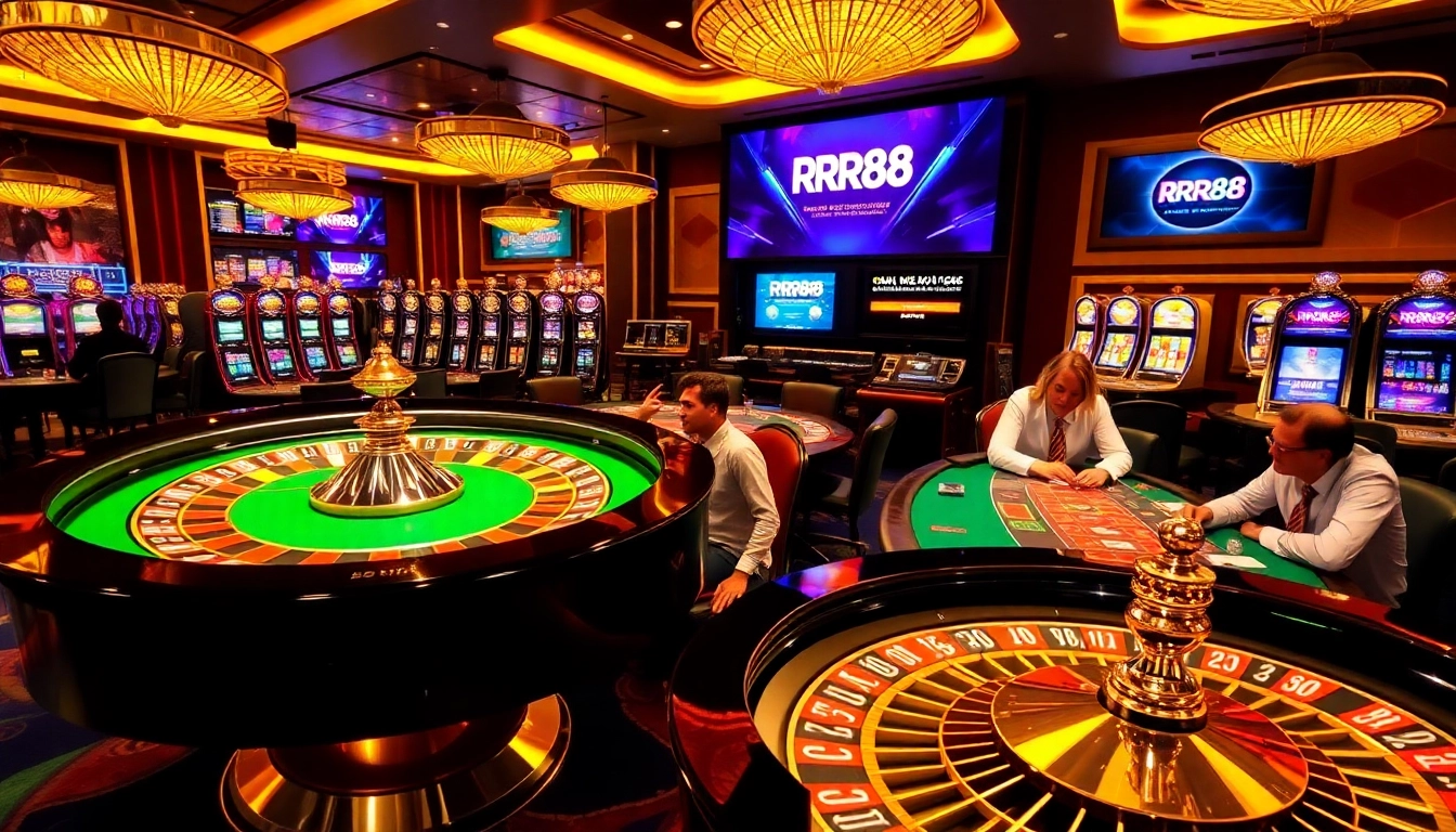 Experience the thrill of gameplay at RR88 with exciting poker and roulette tables in a vibrant casino atmosphere.