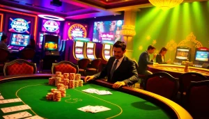 Scène excitante de casino crypto avec une table de poker, des machines à sous et une roue de roulette.