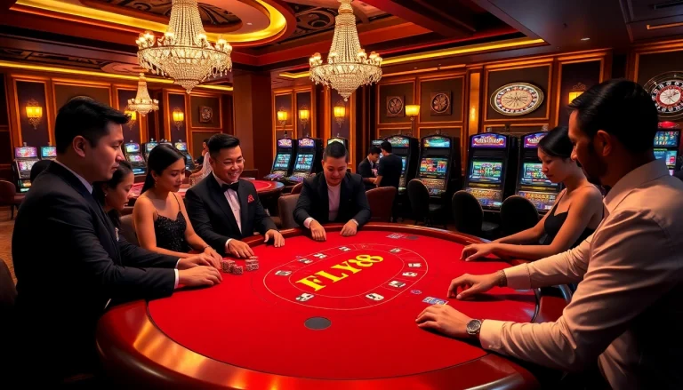 Players enjoy high-stakes blackjack at the luxurious FLY88 casino table, capturing the thrill of gambling.