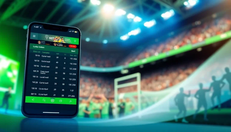 Visualisation d'un site de paris sportifs avec des cotes attrayantes et des événements sportifs en arrière-plan.