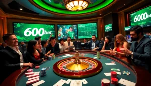 Jugadores de 600bet celebrando un momento de victoria en una mesa de casino vibrante y llena de emoción.