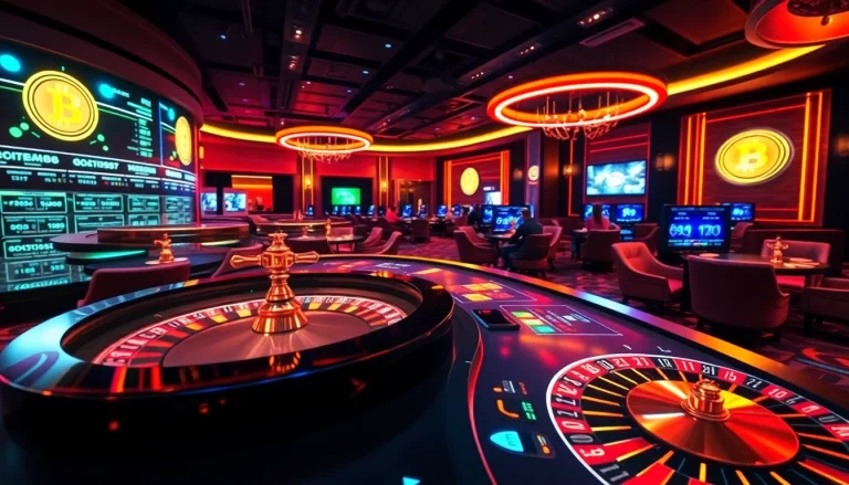 Jouer au Bitcoin casino avec une ambiance animée et des joueurs concentrés sur leurs écrans.