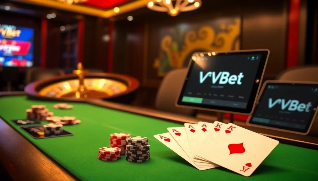 Experimenta la emoción de las apuestas en línea en VVVBet con fichas de póker y cartas sobre una mesa de casino elegante.