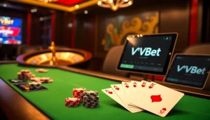 Experimenta la emoción de las apuestas en línea en VVVBet con fichas de póker y cartas sobre una mesa de casino elegante.