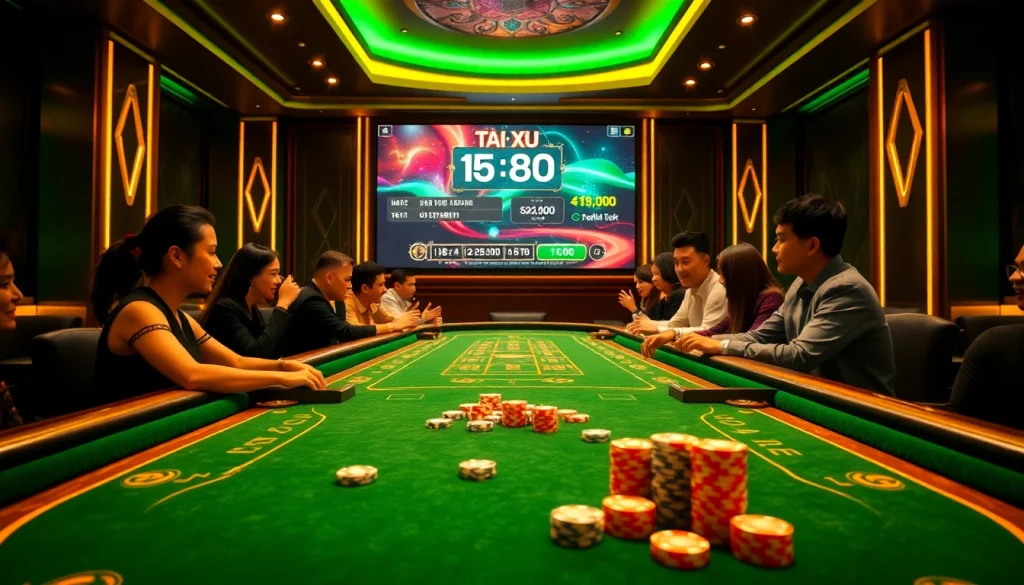 Excited players enjoying tài xỉu online with colorful chips and digital interfaces in a luxurious setting.