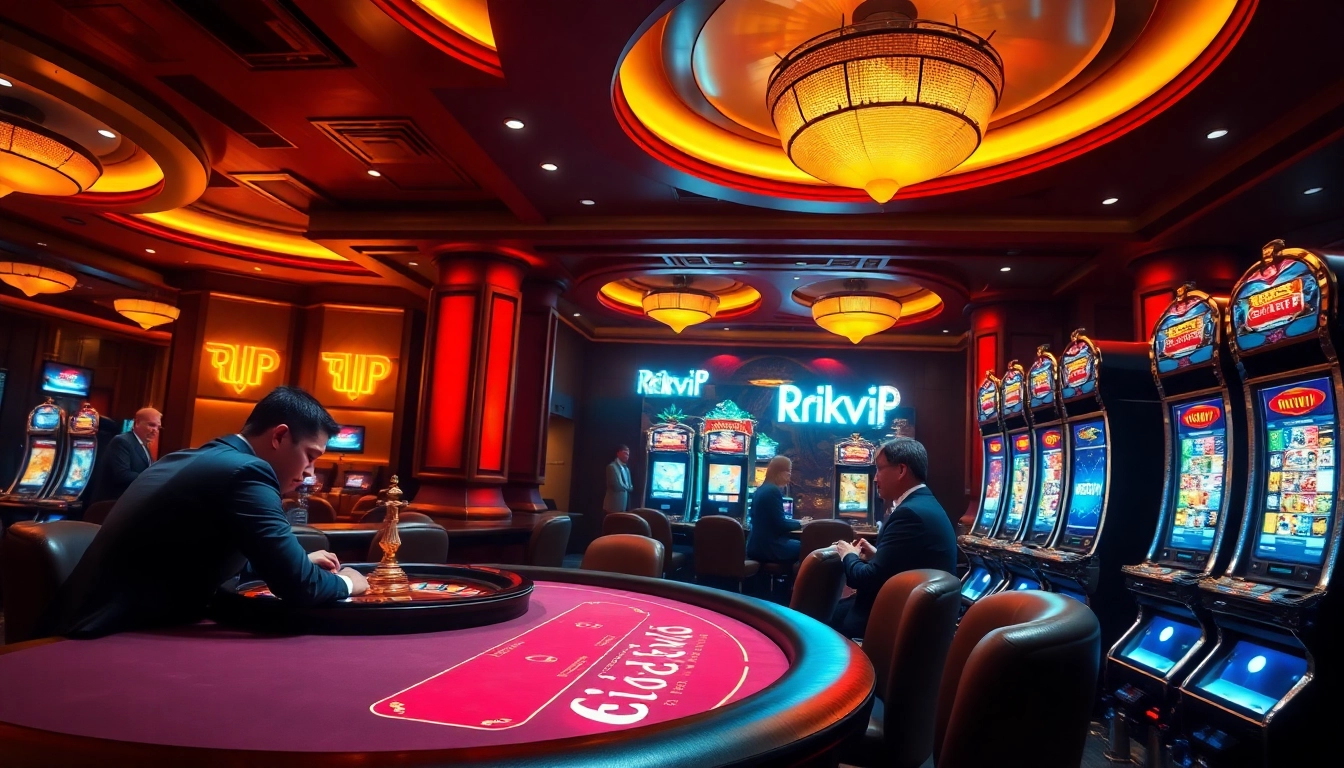 Experience exhilarating gambling at rikvip with vibrant casino scenes featuring poker, roulette, and luxury slot machines.