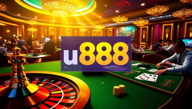 Exciting casino scene featuring players at a u 888 roulette table with vibrant colors and luxurious ambiance.