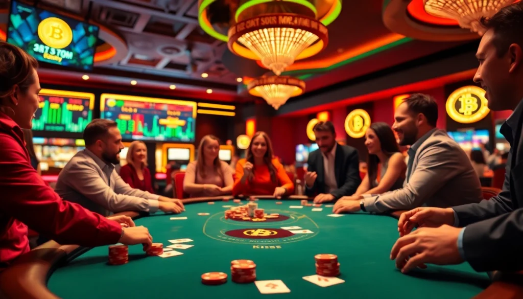 Les amateurs de Bitcoin casino jouent avec enthousiasme à une table de jeu animée.