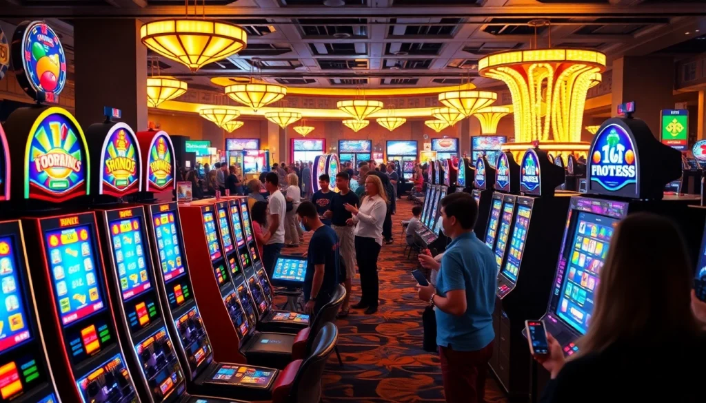 Jouer à des machines à sous au casino en ligne 2026, entouré de joueurs enthousiastes.
