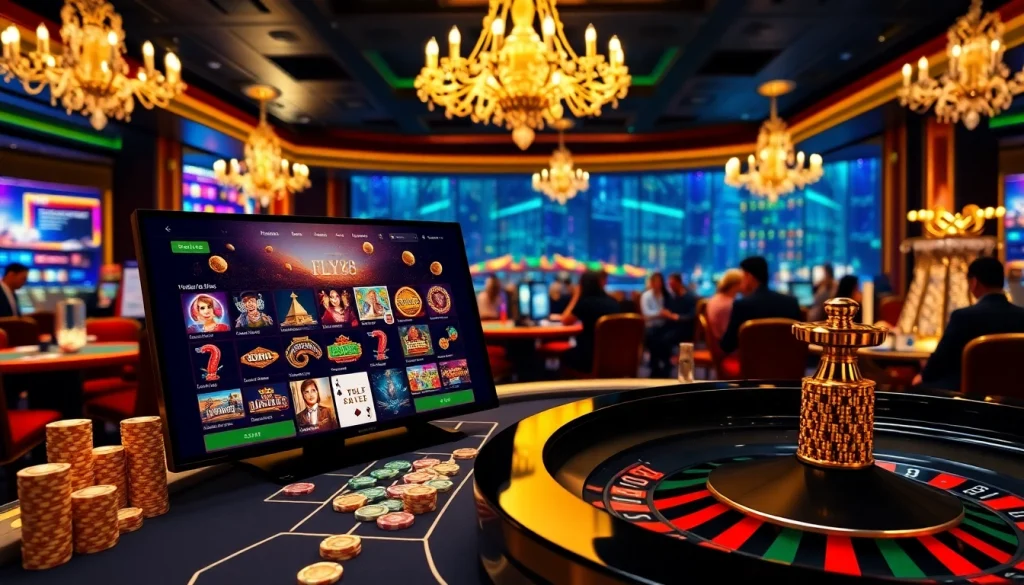 FLY88 online gambling scene with a luxurious casino interface and vibrant gameplay action.