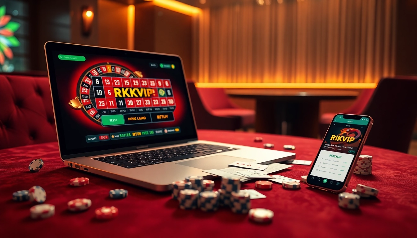 Experience the excitement of gambling with RIKVIP displayed on a laptop amidst poker chips and a roulette wheel.