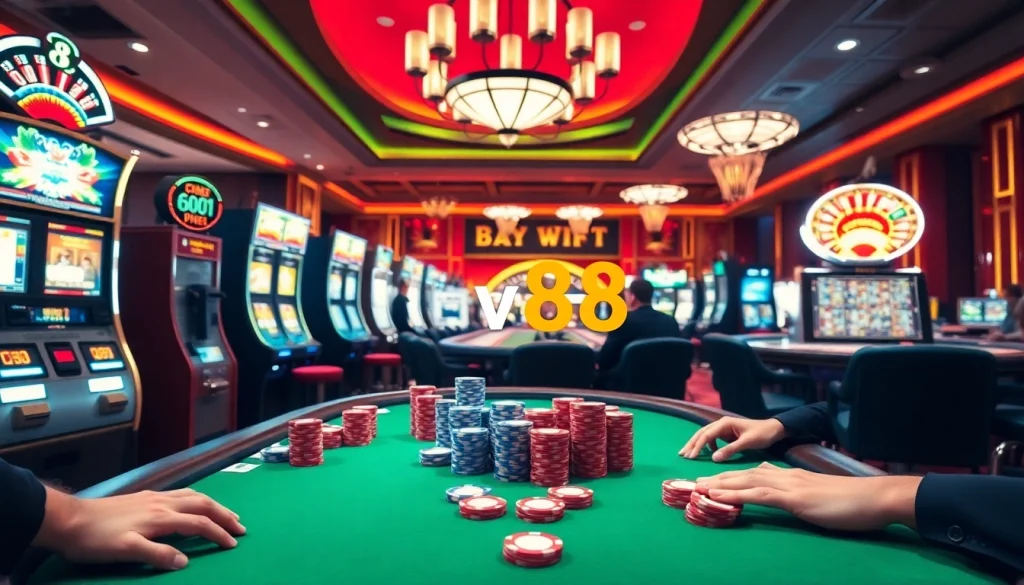 Action-packed scene of gamblers playing poker at hay88 casino, surrounded by vibrant slot machines.