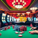 Action-packed scene of gamblers playing poker at hay88 casino, surrounded by vibrant slot machines.