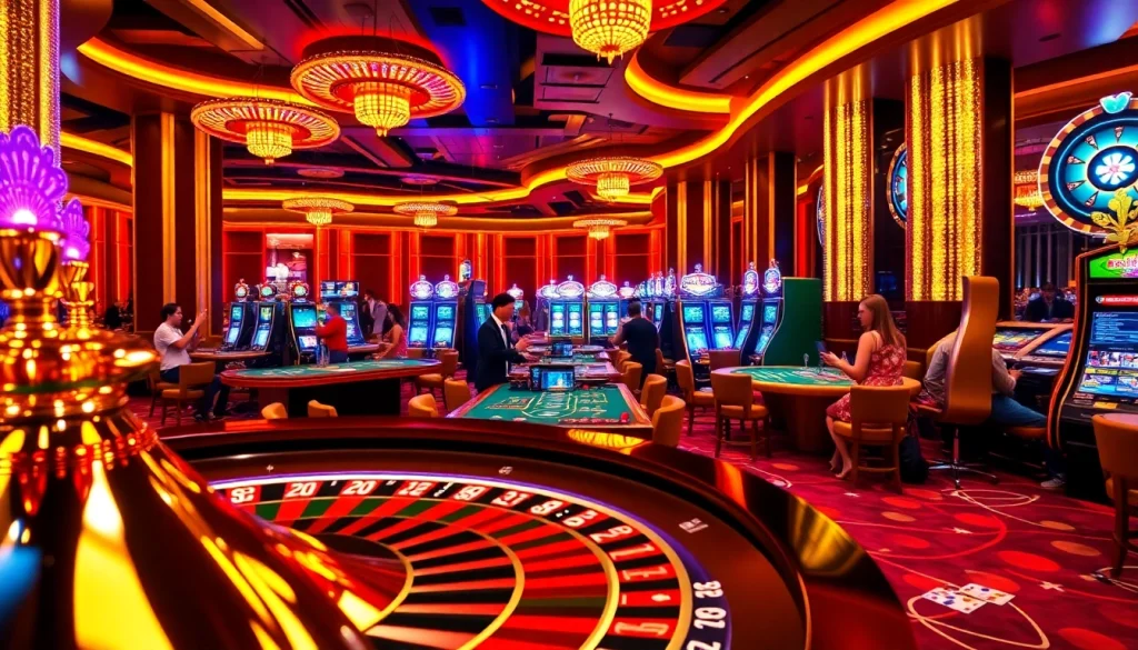 Exciting gaming action at a casino en crypto with vibrant tables, players, and neon lights.