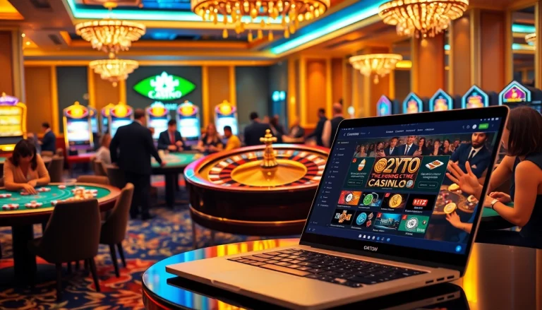 Players enjoying thrilling games at a luxurious casino en crypto showcasing vibrant slot machines and poker tables.