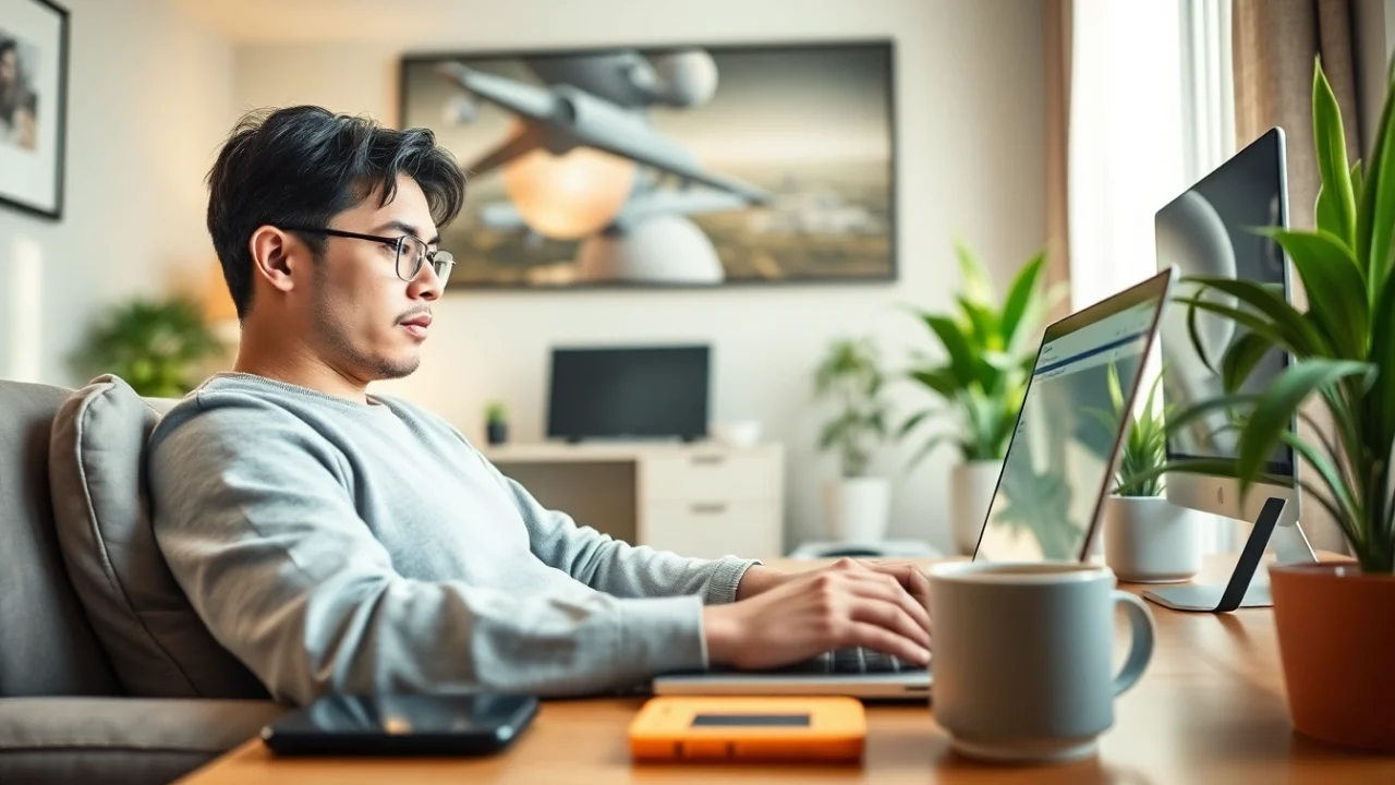 在现代家庭办公室用笔记本电脑享受安全上网体验的快连 VPN 用户。