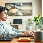 在现代家庭办公室用笔记本电脑享受安全上网体验的快连 VPN 用户。