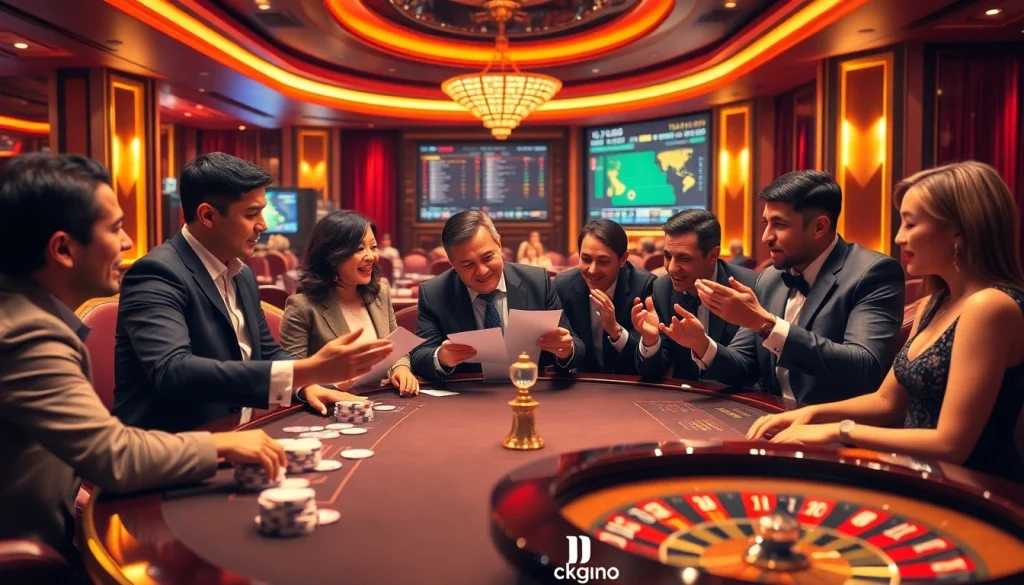 Placing strategic bets during a kèo bóng đá game in a luxurious casino setting.