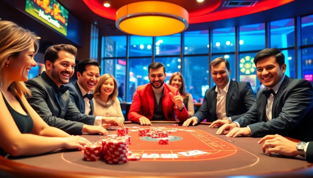 Joueurs heureux profitant de l'expérience de casino en ligne francais dans un cadre vibrant.
