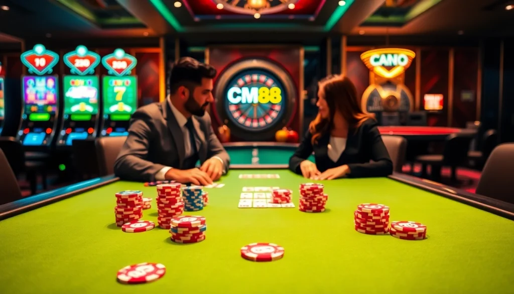 Players enjoying a thrilling blackjack game at CM88 casino with vibrant poker chips.
