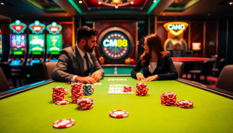 Players enjoying a thrilling blackjack game at CM88 casino with vibrant poker chips.