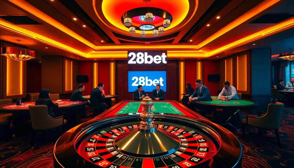 Players strategizing at a high-stakes 28bet poker table in a luxurious casino setting.
