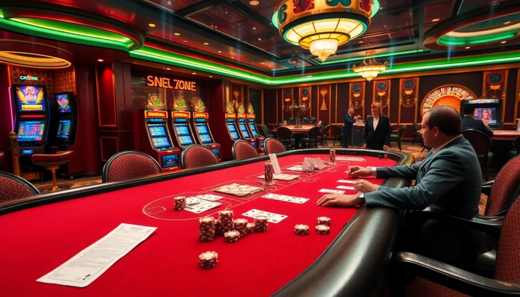 Experience the thrill of the casino with Link Vào Nhà Cái 68VIP, featuring poker players and vibrant slot machines.