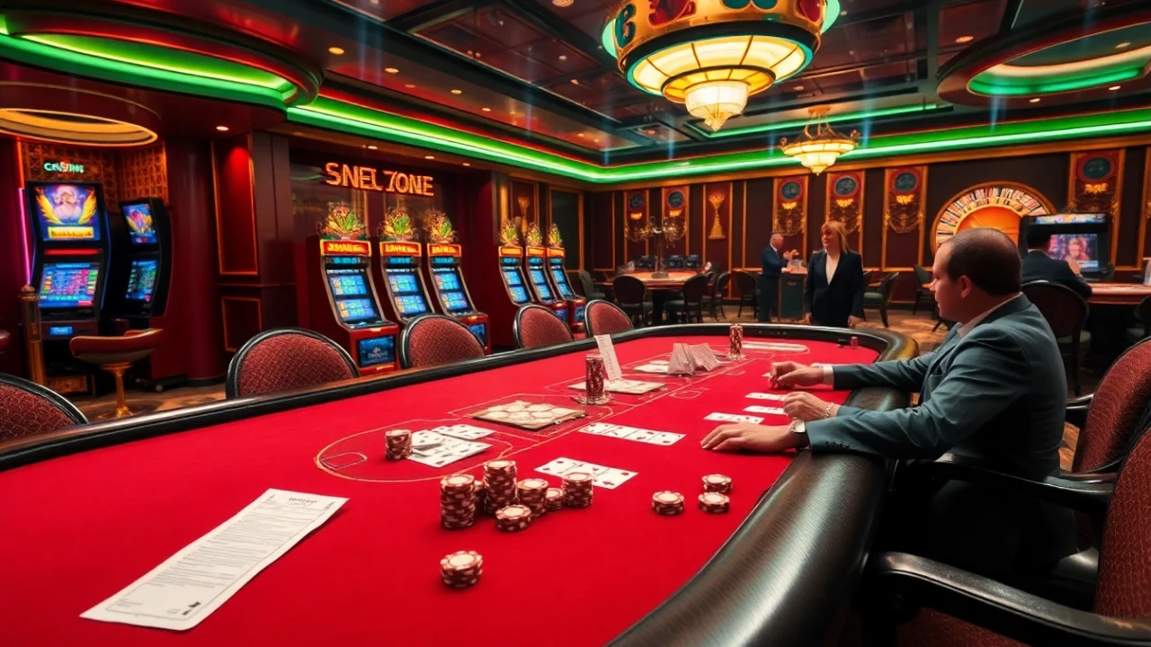 Experience the thrill of the casino with Link Vào Nhà Cái 68VIP, featuring poker players and vibrant slot machines.