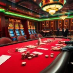 Experience the thrill of the casino with Link Vào Nhà Cái 68VIP, featuring poker players and vibrant slot machines.