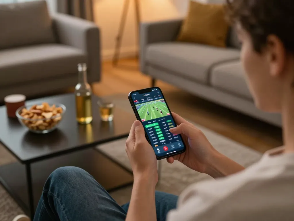 Engaging in live sports betting via mm88 london app on smartphone in a cozy home