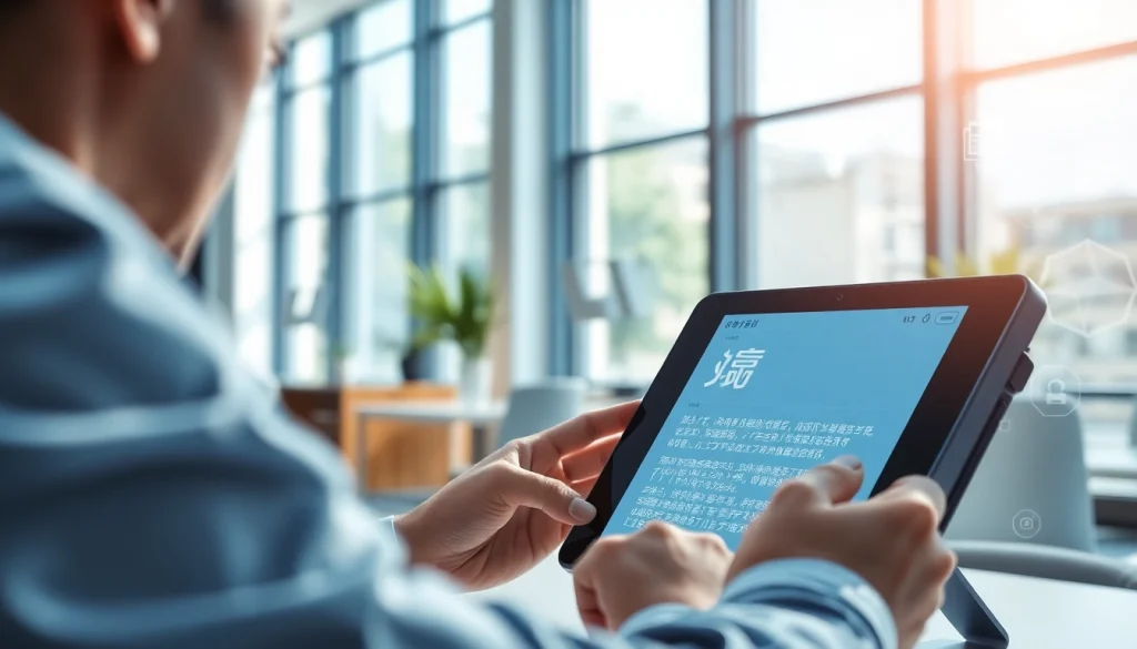 Real-time translation using 有道翻译 on a sleek digital device in a modern office.