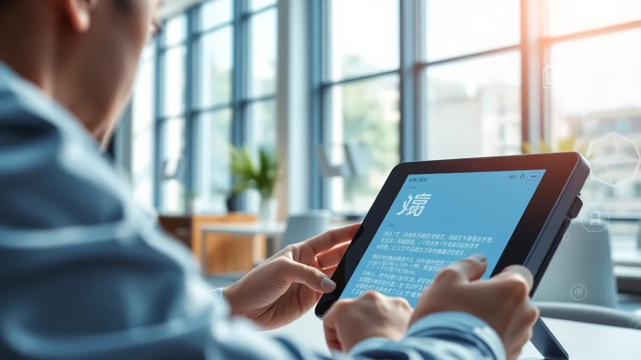 Real-time translation using 有道翻译 on a sleek digital device in a modern office.