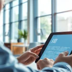 Real-time translation using 有道翻译 on a sleek digital device in a modern office.