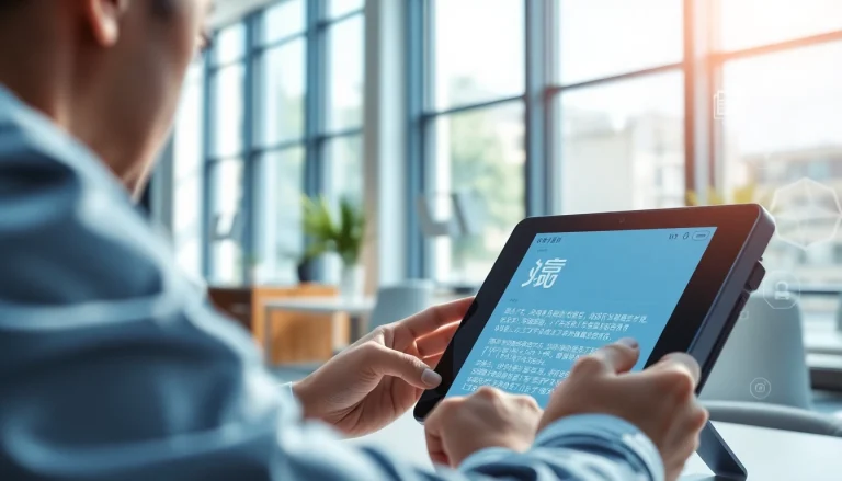 Real-time translation using 有道翻译 on a sleek digital device in a modern office.