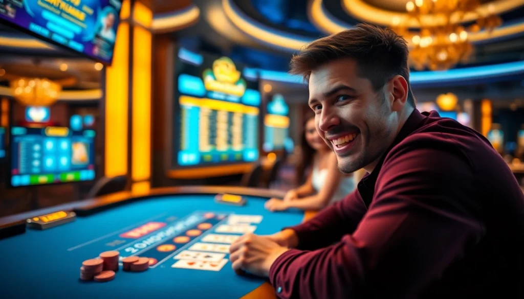 Jouez au casino suisse en ligne avec une ambiance excitante et moderne illustrée par un joueur captivé.