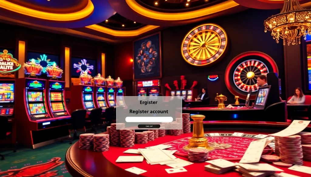 Registering at FLY88, showcasing vibrant gambling elements like casino tables and slot machines.