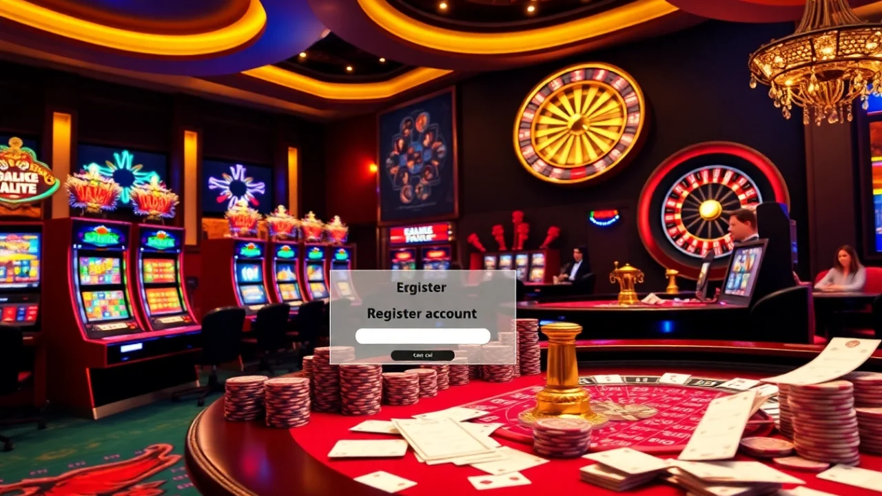 Registering at FLY88, showcasing vibrant gambling elements like casino tables and slot machines.