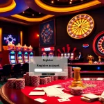 Registering at FLY88, showcasing vibrant gambling elements like casino tables and slot machines.